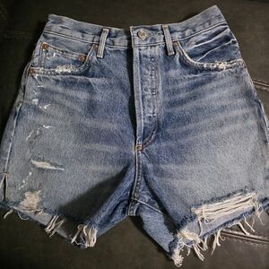 Agolde Distressed High-Rise Denim Shorts - Faded Blue